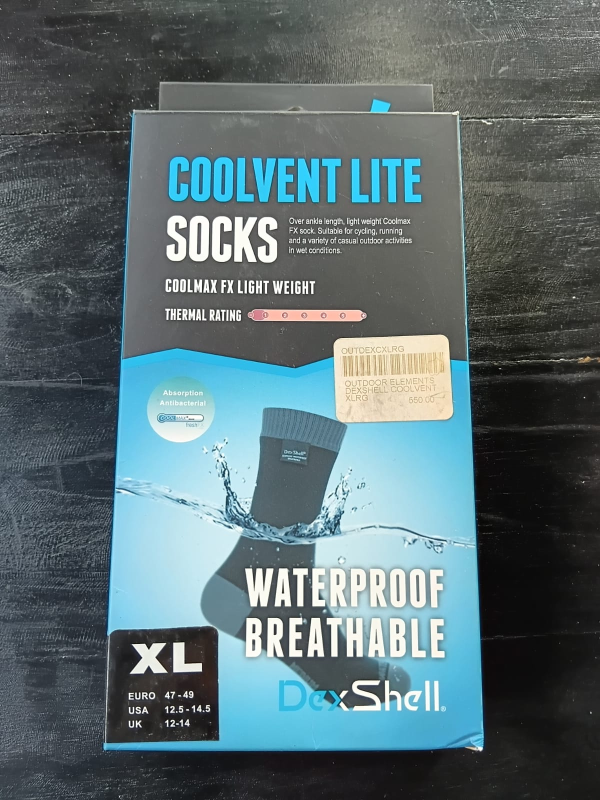 Dexshell Coolvent Lite Socks, Black / Aqua Gray X- Large